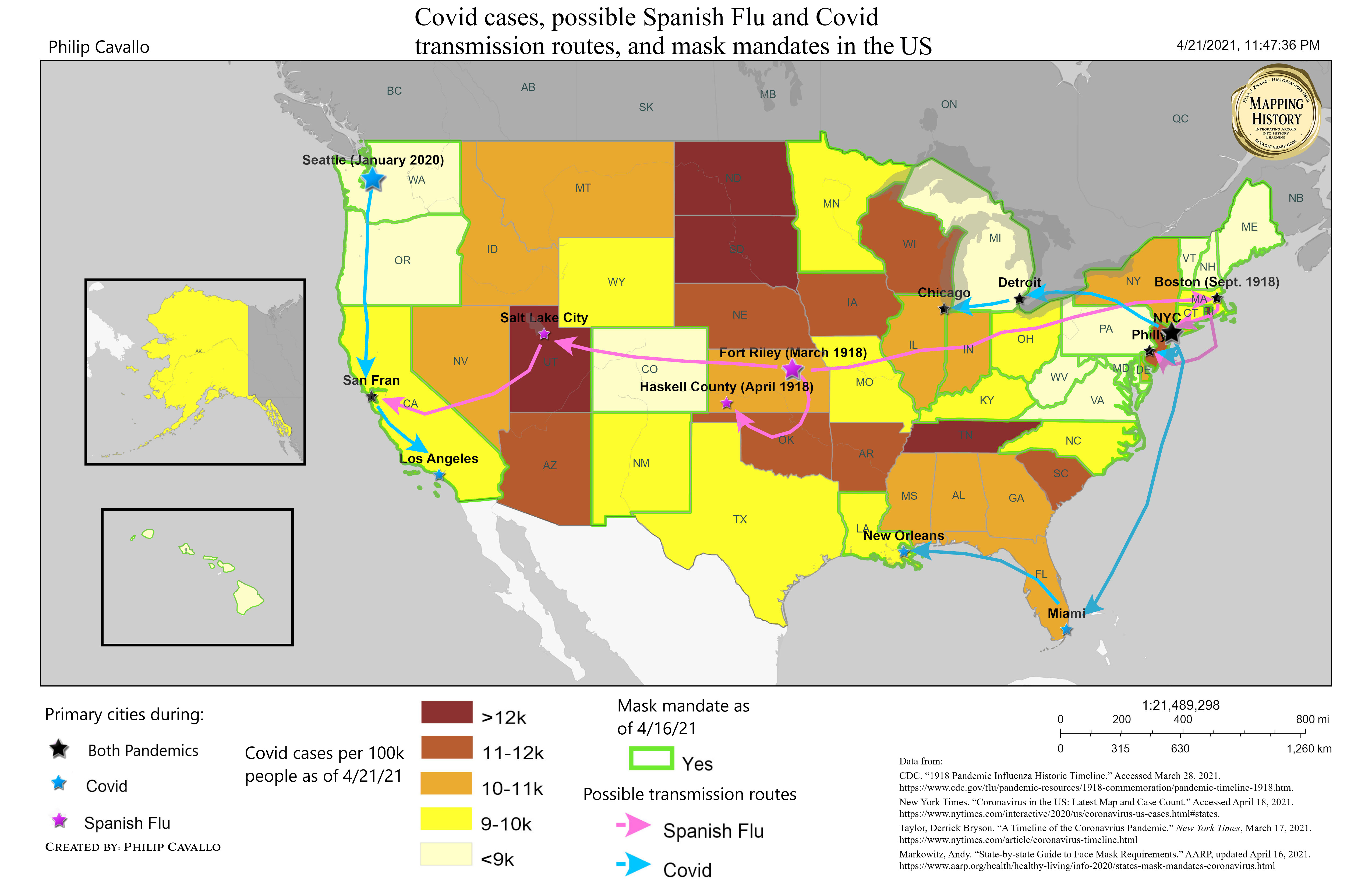 Covid cases, possible Spanish Flu and Covid transmission routes and mask mandates in the US